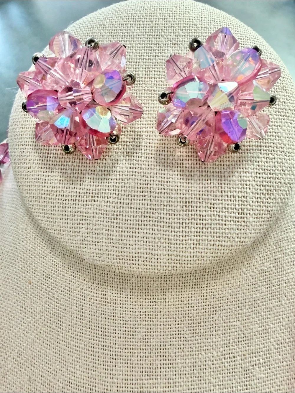 Vintage Pink Crystal Necklace And Clip On Earrings Set Aurora Borealis Faceted